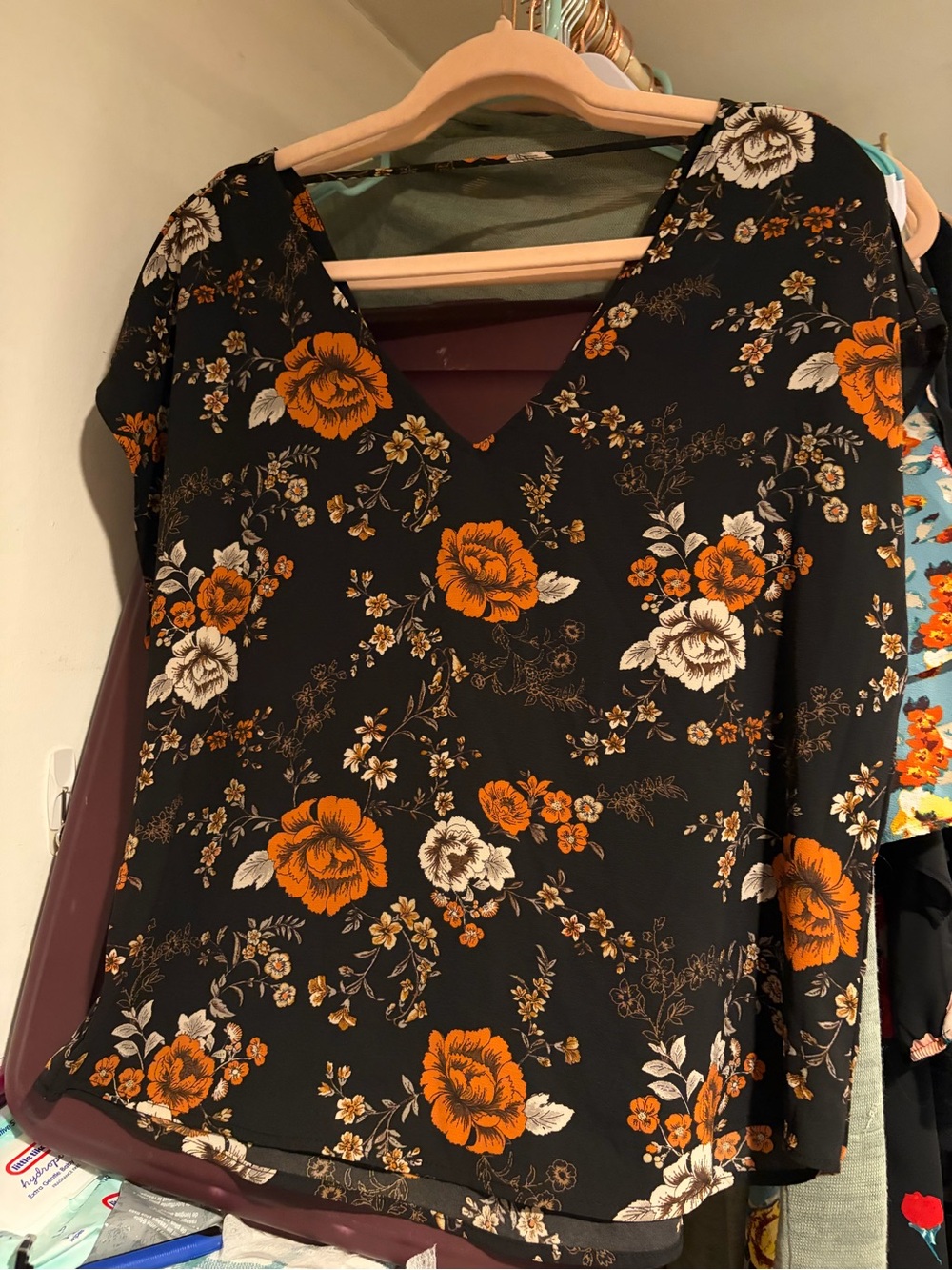 Forever 21 Black Floral V-Neck Blouse with Orange and Cream Blooms